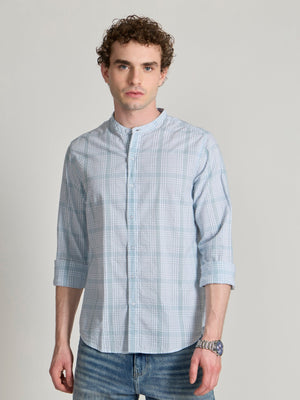 Hadrian - Band Collar Checks Shirt - Blue - Espanshe