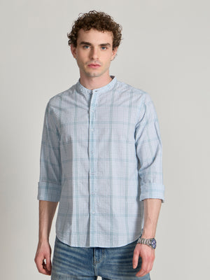 Men's Band Collar Checks Shirt in Blue