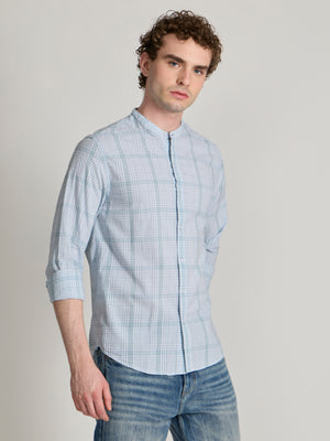 Men's Band Collar Checks Shirt in Blue