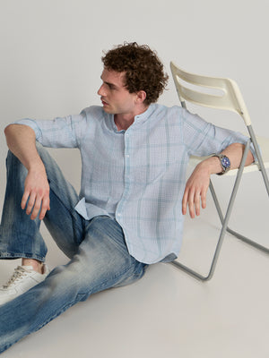 Men's Band Collar Checks Shirt in Blue
