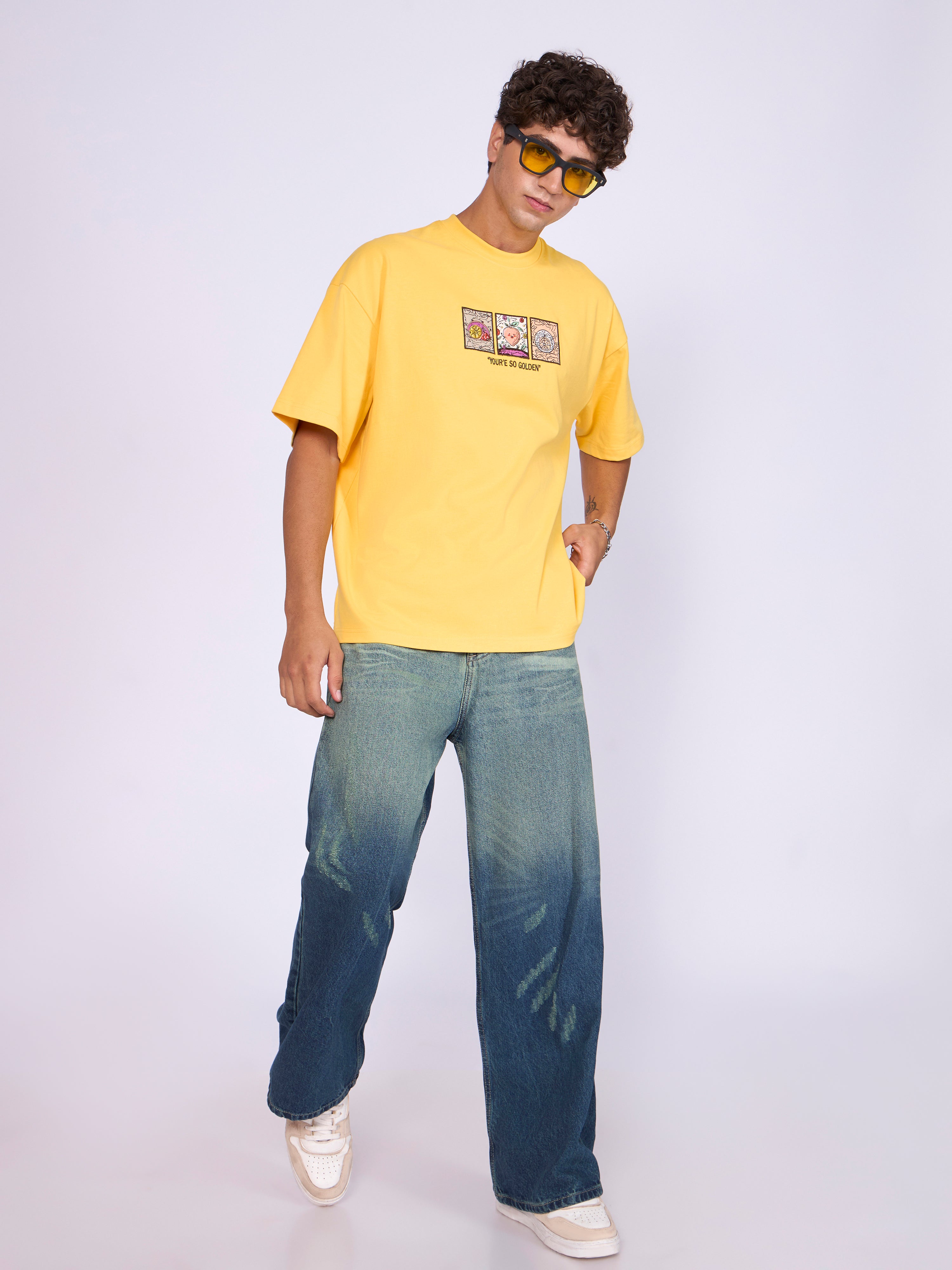 Men's Printed Baggy T-Shirt - Yellow