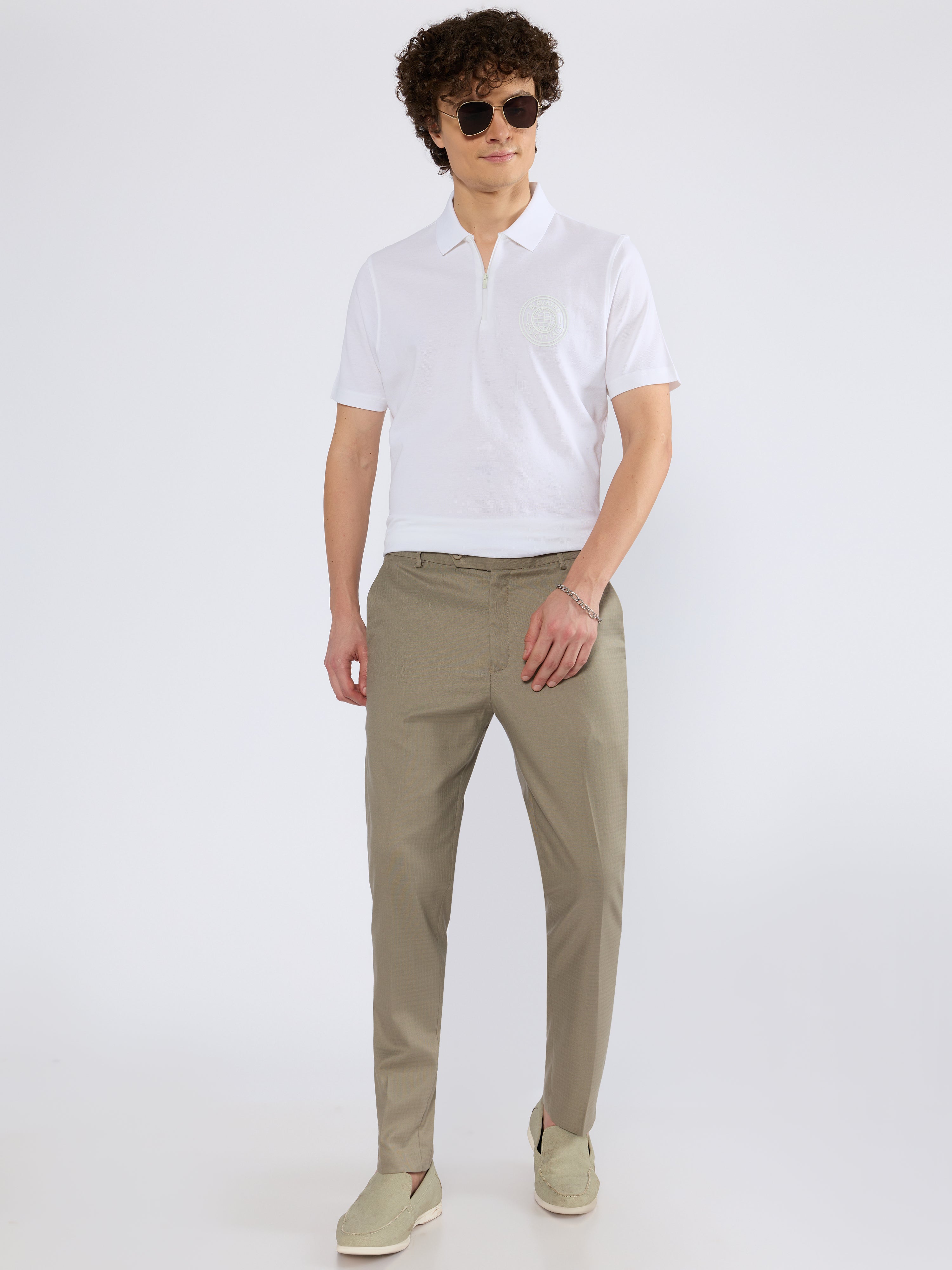 Men's Solid Zipper Polo T-shirt in White