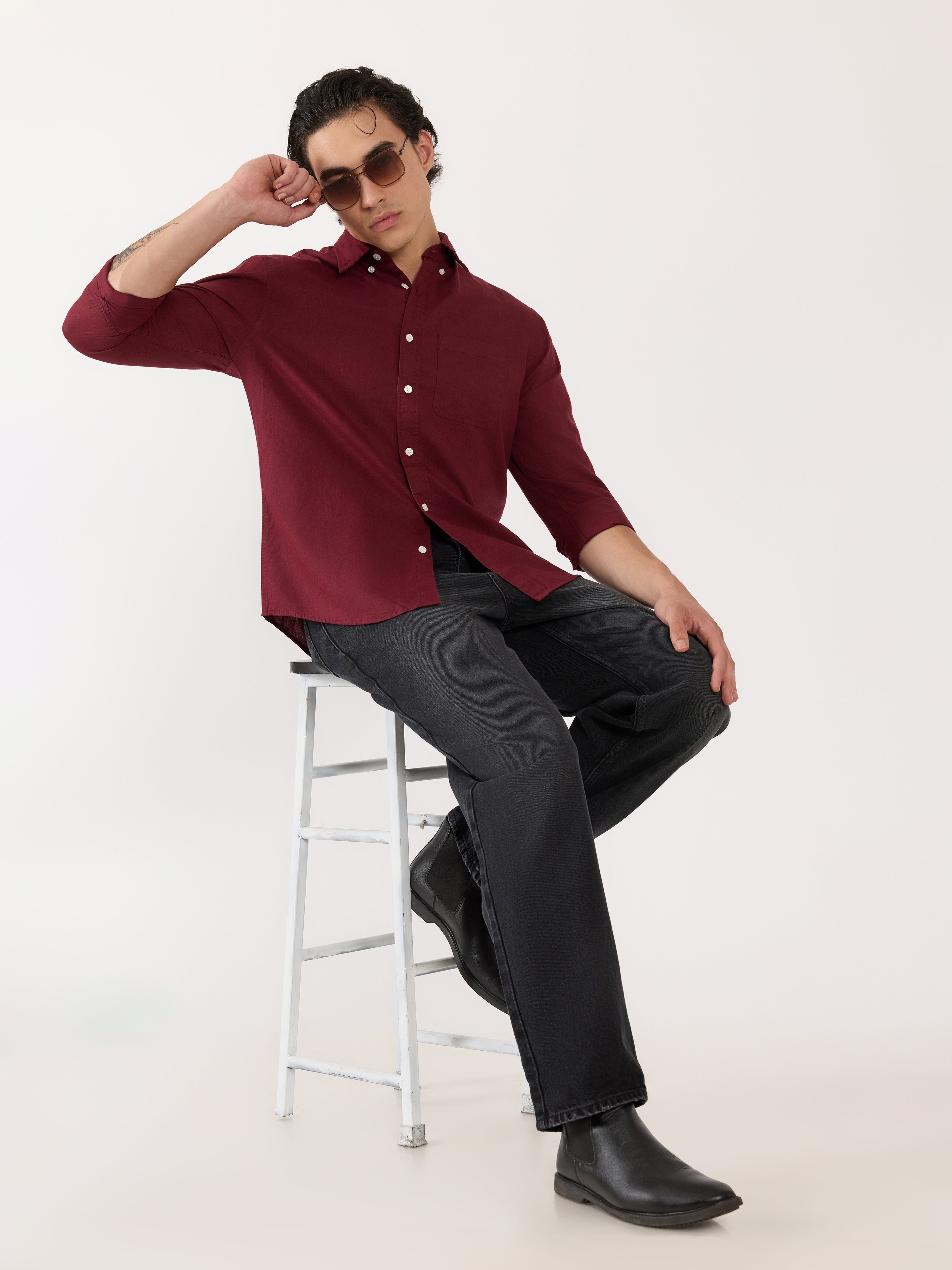 Men's Relaxed Linen Shirt - wine red