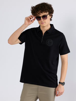 Men's Solid Zipper Polo T-shirt in black