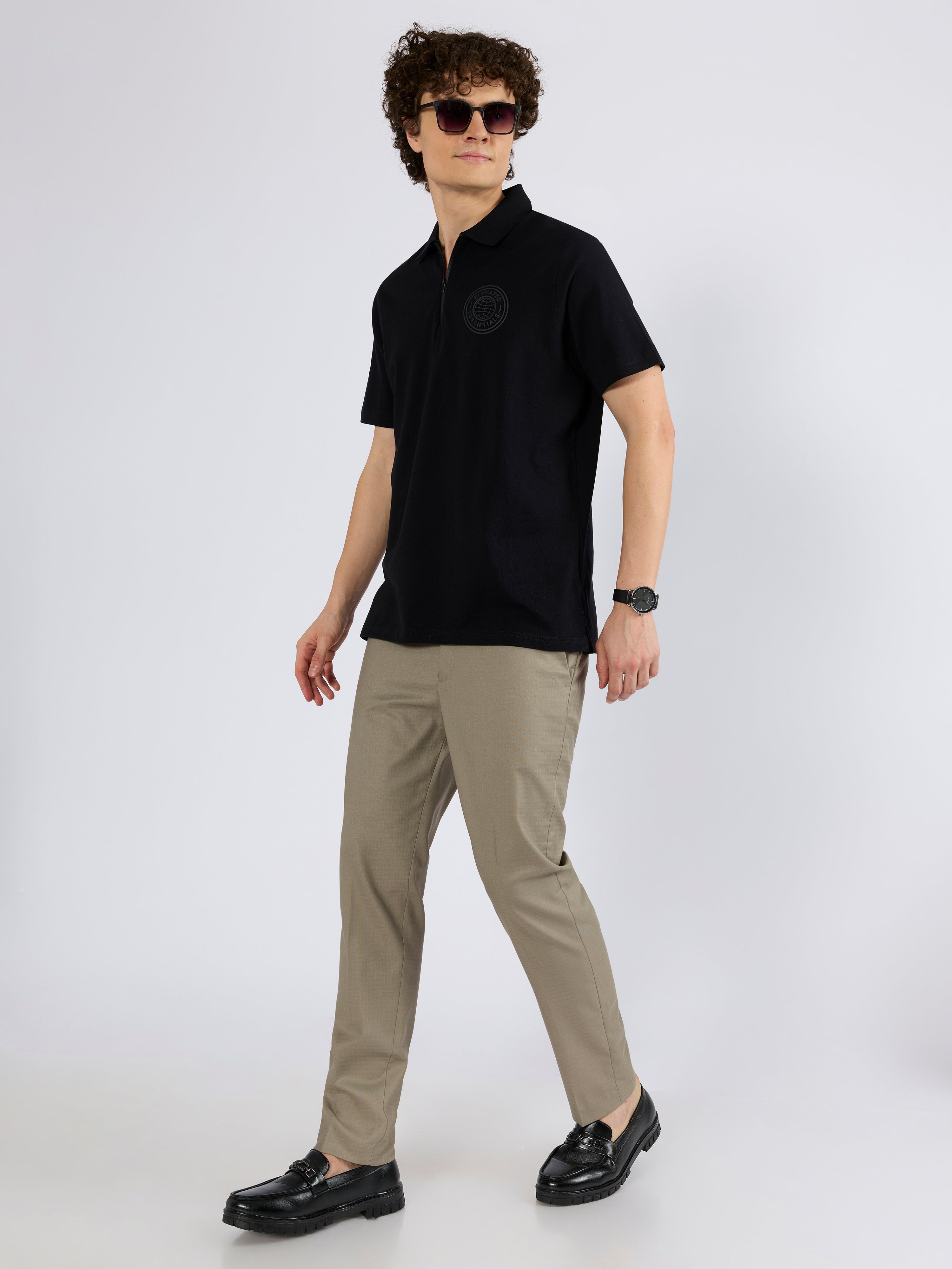 Men's Solid Zipper Polo T-shirt in black