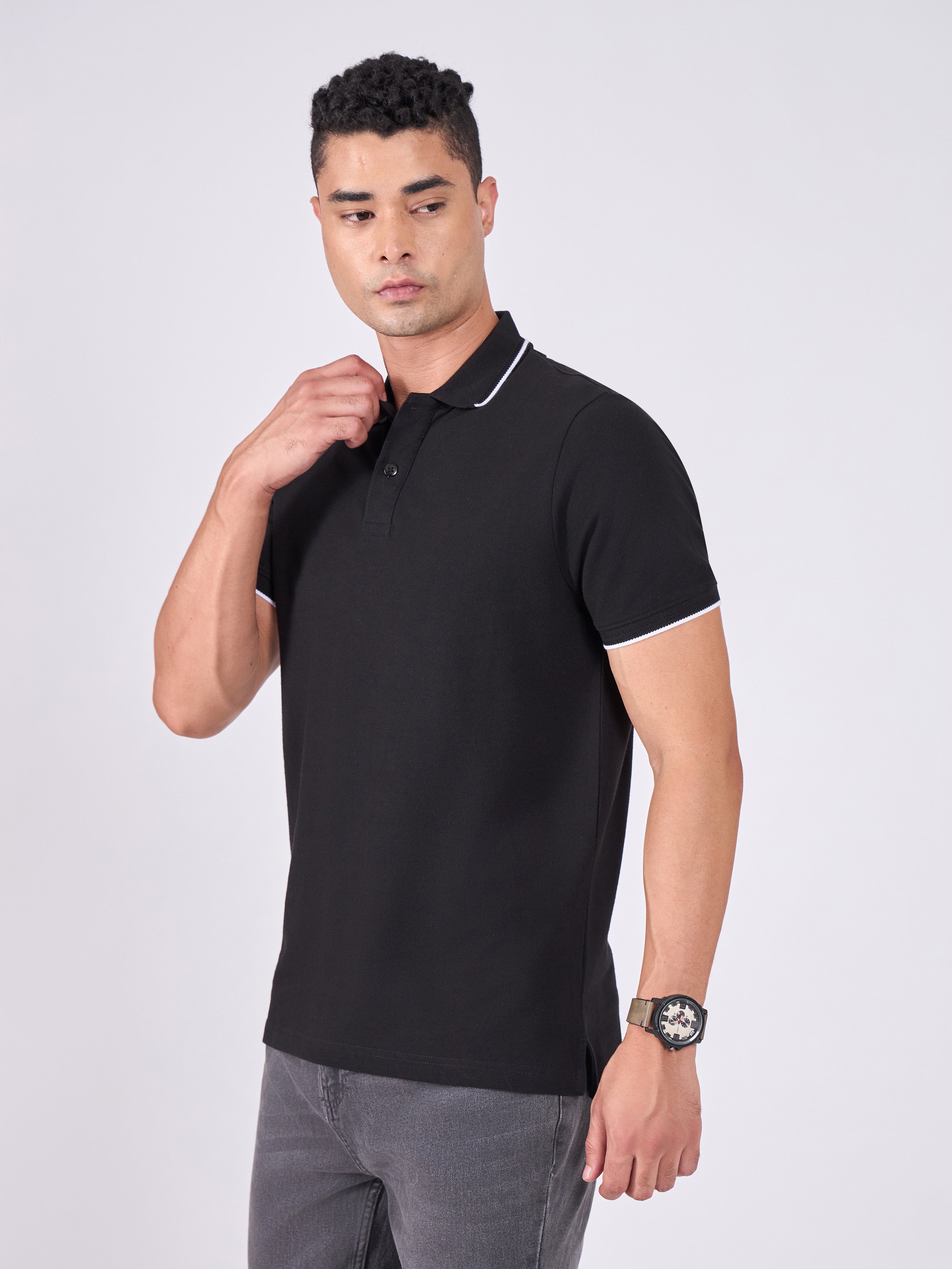 Men's Polo T-Shirt with Contrast Tipping - black