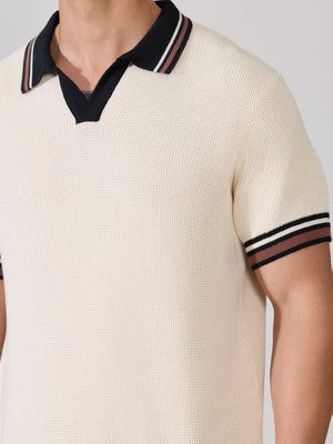 Kikeos-4 - Regular Fit Contrast Collar Knit Polo T-Shirt - Cream - Espanshe