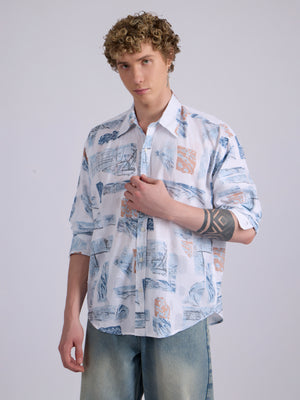 Men's Drop Shoulder Printed Shirt - Blue