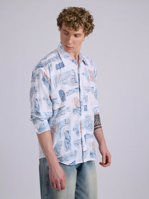 Men's Drop Shoulder Printed Shirt - Blue