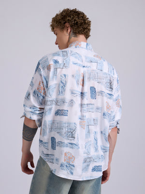 Men's Drop Shoulder Printed Shirt - Blue