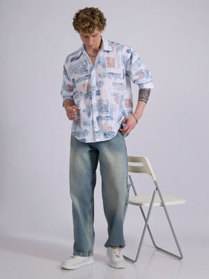 Men's Drop Shoulder Printed Shirt - Blue