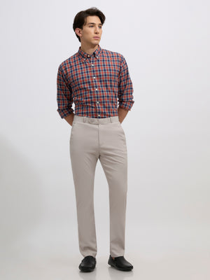 men's sand gray skinny fit trousers blended with polyster and spandex - paired with a black top and black shoes