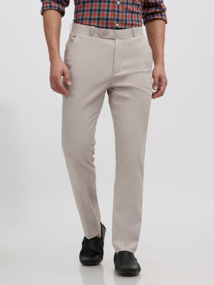 men's sand gray skinny fit trousers blended with polyster and spandex - paired with a black top and black shoes