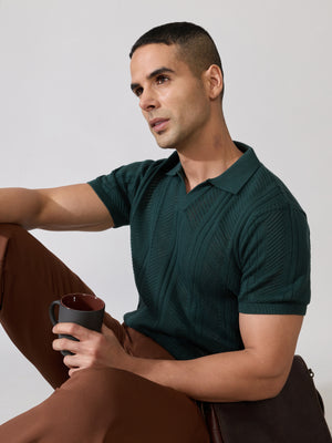 Men's regular Fit Textured Open Knit Polo T-Shirt in green