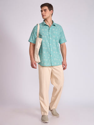 Men's Printed Half Sleeve Shirt in Light Teal Green