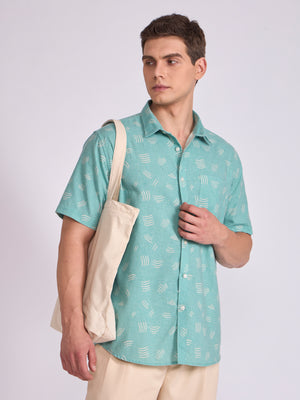 Men's Printed Half Sleeve Shirt in Light Teal Green