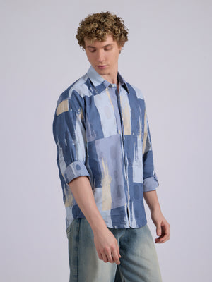 Men's Drop Shoulder Printed Shirt - Slate Blue