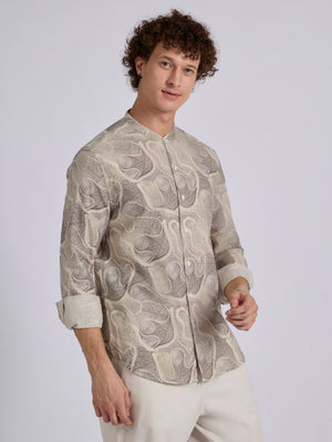 men's Band Collar Printed Shirt - beige
