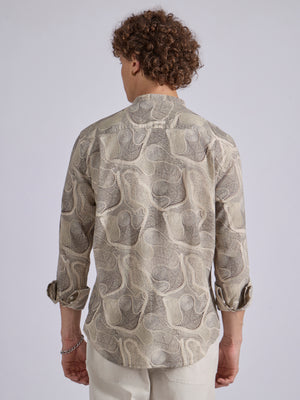 men's Band Collar Printed Shirt - beige