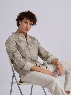 Moritz - Band Collar Printed Shirt - Beige - Espanshe