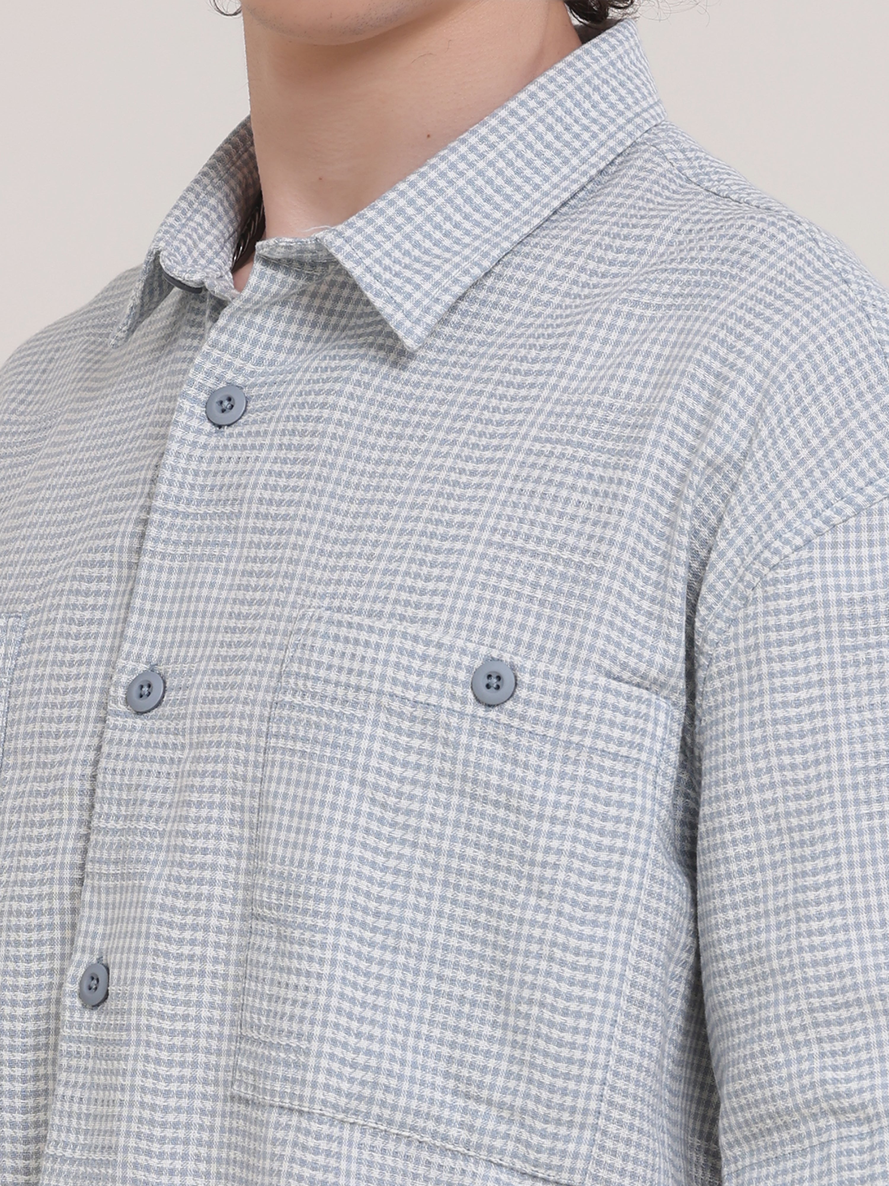 Michek Oversized Micro Check Half Sleeve Shirt- Blue