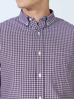 Sara - 100% Cotton Gingham Shirt - Wine - Espanshe