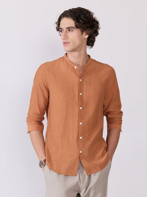 Yometo - Striped Band Neck Shirt - Coral Orange - Espanshe