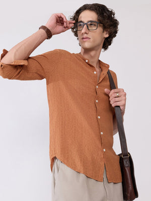 Yometo - Striped Band Neck Shirt - Coral Orange - Espanshe