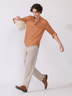 Yometo - Striped Band Neck Shirt - Coral Orange - Espanshe