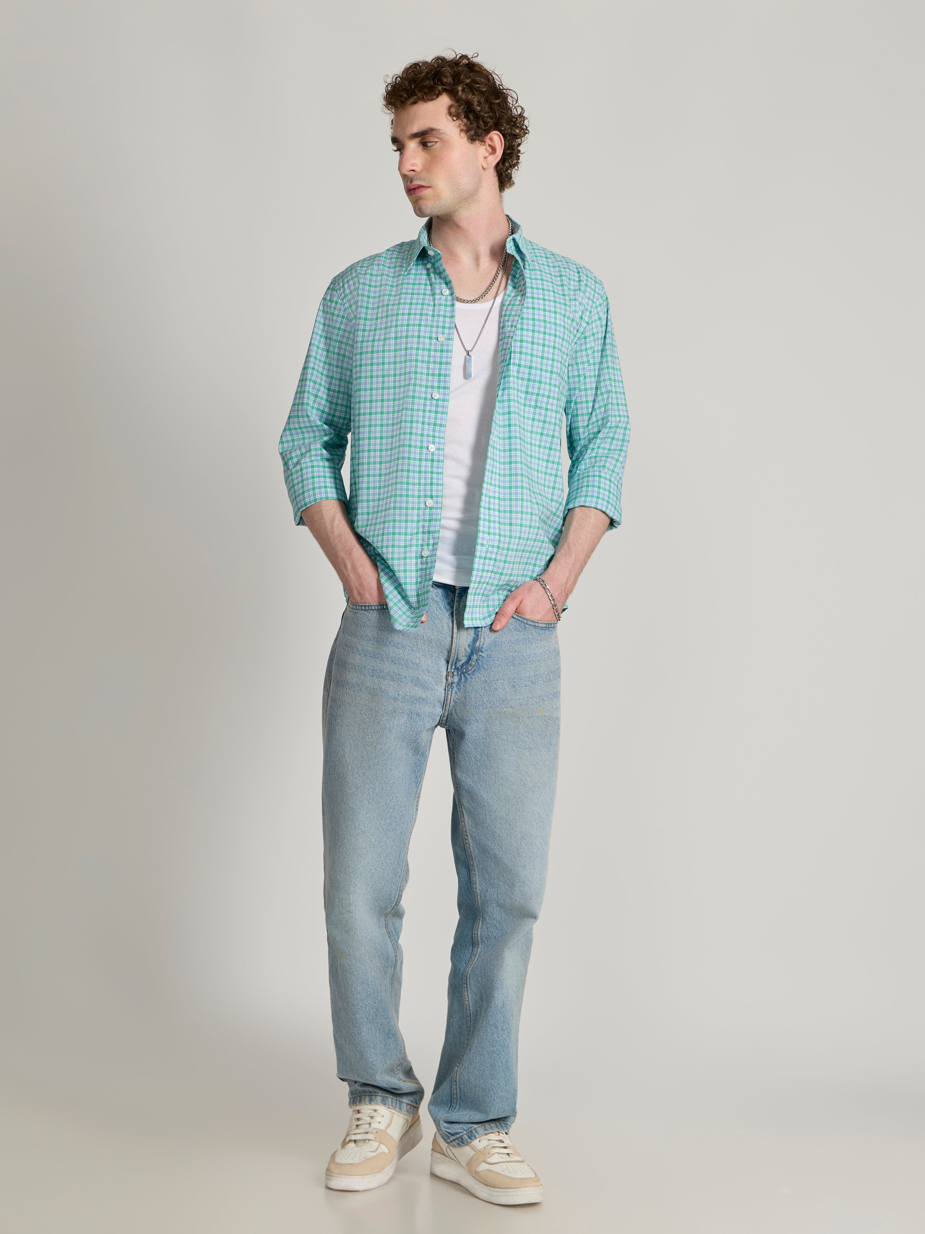 Men's Relaxed Fit Checks Shirt - blue green