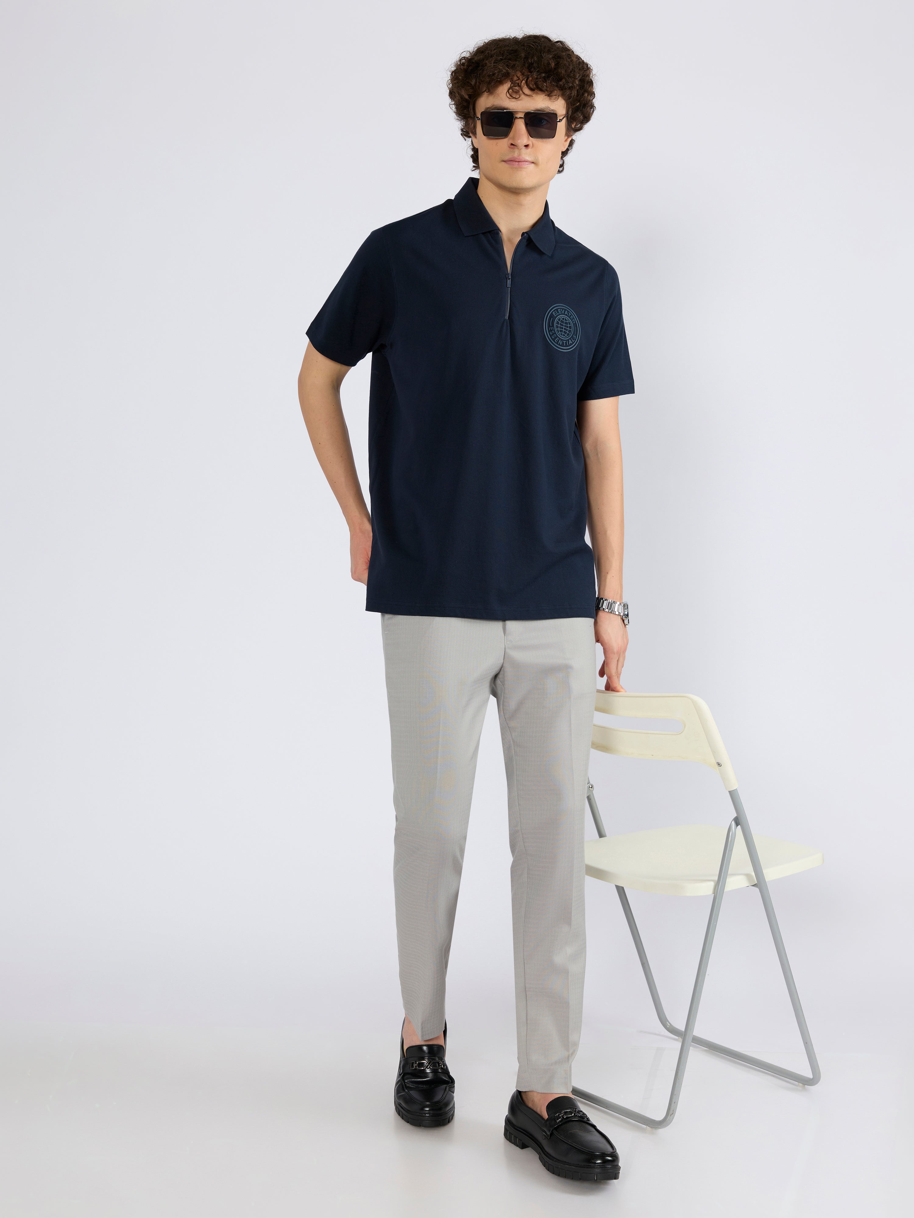 Men's Solid Zipper Polo T-shirt in navy blue