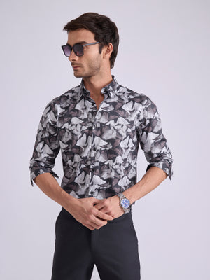 Men's Satin Floral Printed Shirt - Brown
