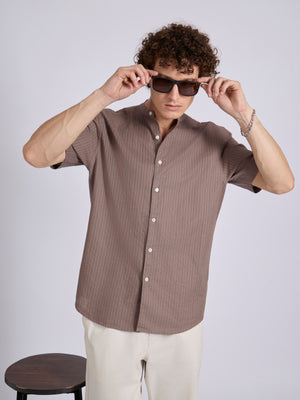 Men's Band Collar Striped Shirt - Dusty Mauve