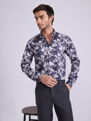 Men's Satin Floral Printed Shirt - Steel Blue