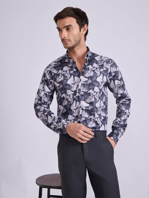 Ulfred - Satin Floral Printed Shirt - Steel Blue - Espanshe