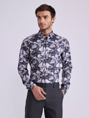 Men's Satin Floral Printed Shirt - Steel Blue