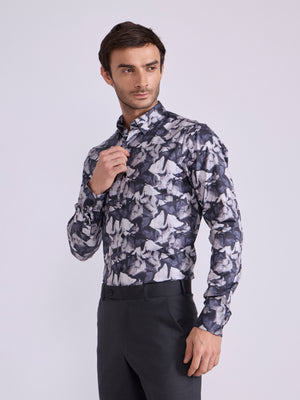 Men's Satin Floral Printed Shirt - Steel Blue