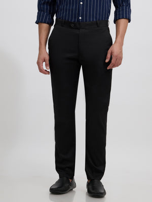 men's black skinny fit trousers blended with polyster and spandex - paired with a black top and black shoes