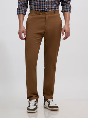 men's coffee brown skinny fit trousers blended with polyster and spandex - paired with a black top and black shoes