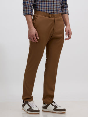men's coffee brown skinny fit trousers blended with polyster and spandex - paired with a black top and black shoes