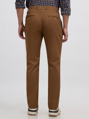 men's coffee brown skinny fit trousers blended with polyster and spandex - paired with a black top and black shoes