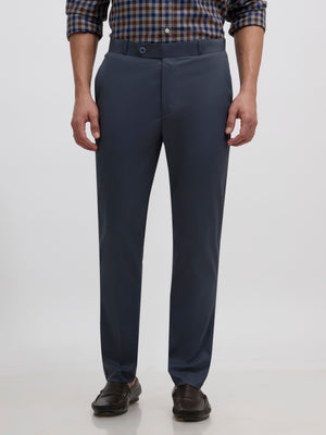 men's cement blue skinny fit trousers blended with polyster and spandex - paired with a black top and black shoes