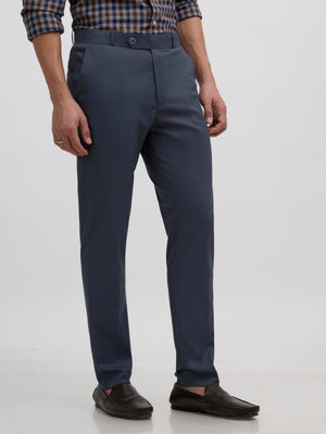 men's cement blue skinny fit trousers blended with polyster and spandex - paired with a black top and black shoes