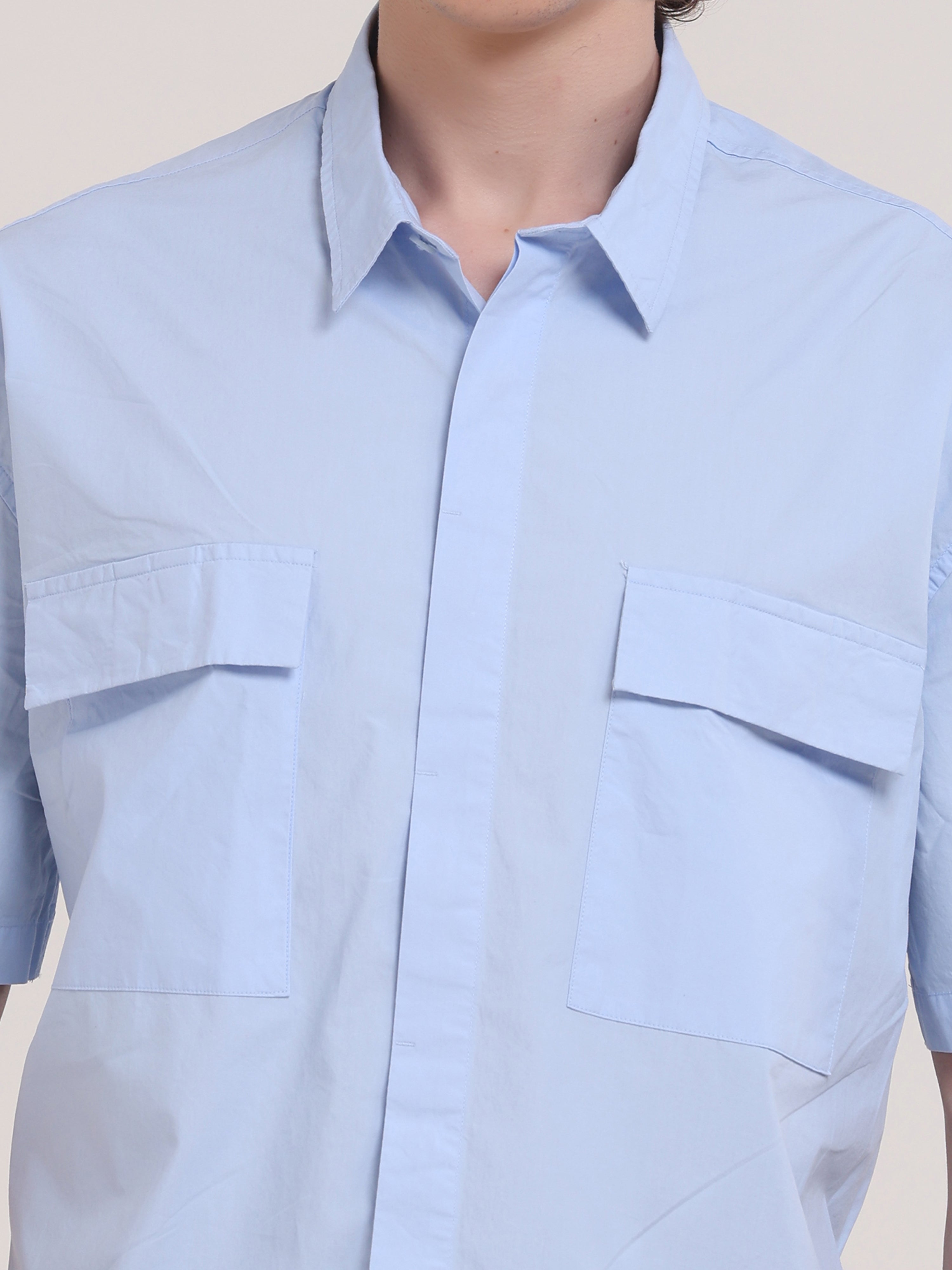 Velvo Oversized Double Pocket Half Sleeve Sleeve Shirt- Light Blue