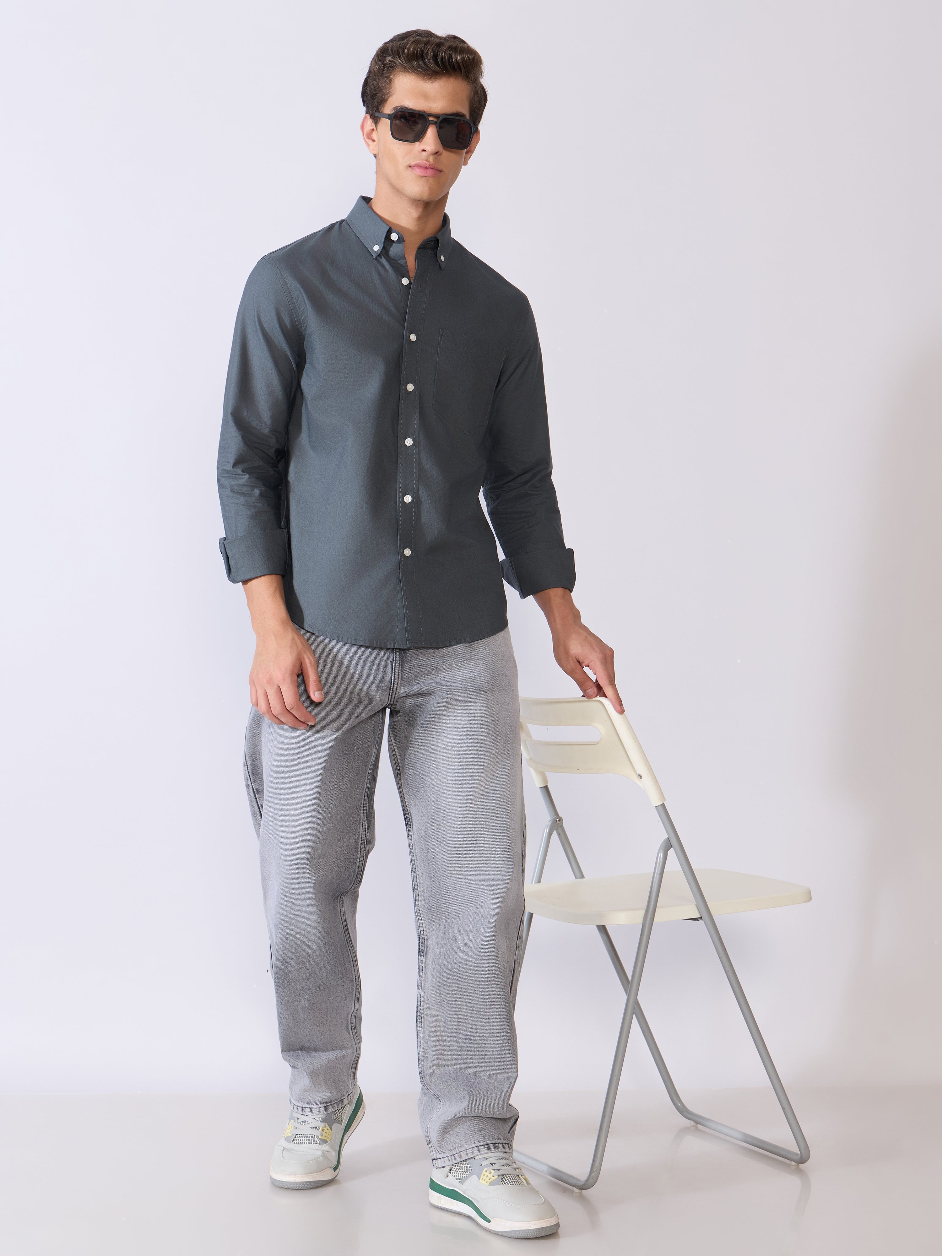 Orbit - Relaxed Fit Oxford Shirt With Elbow Patch - Cement Grey