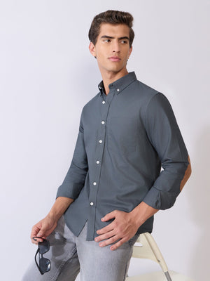 Orbit - Relaxed Fit Oxford Shirt With Elbow Patch - Cement Grey - Espanshe
