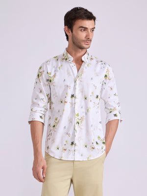 Men's Satin Floral Printed Shirt - Light Olive Green