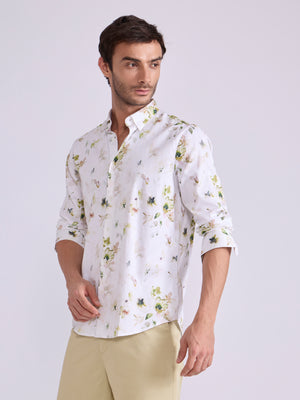 Men's Satin Floral Printed Shirt - Light Olive Green