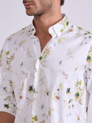 Men's Satin Floral Printed Shirt - Light Olive Green