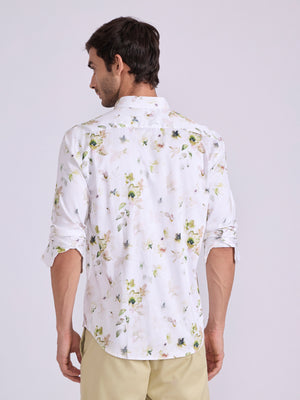 Men's Satin Floral Printed Shirt - Light Olive Green